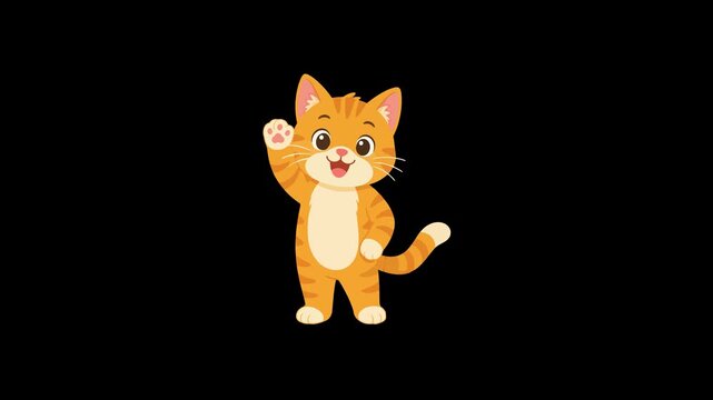 Cute cat waving hello, 2D vector animation, green screen