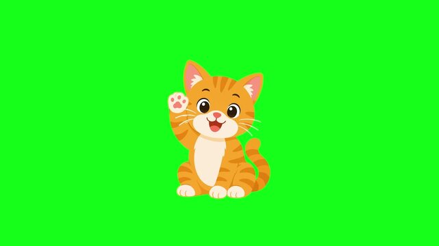 Cute cat waving hello, 2D vector animation, green screen