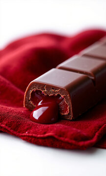 Chocolate bar ruby liquid center oozing on red velvet cloth for a luxury gourmet dessert macro shot