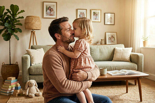 Loving Father Embracing His Little Daughter Inside Cozy Family Living Room