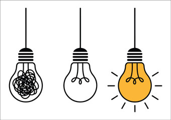 Idea concept vector icon collection featuring creative lightbulb, simplified problem-solving, innovation, untangled process, project management, business strategy, marketing, and creativity symbols. © Nayem