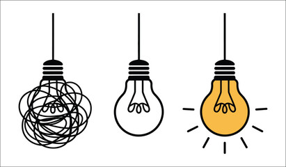 Idea concept vector icon collection featuring creative lightbulb, simplified problem-solving, innovation, untangled process, project management, business strategy, marketing, and creativity symbols. © Nayem