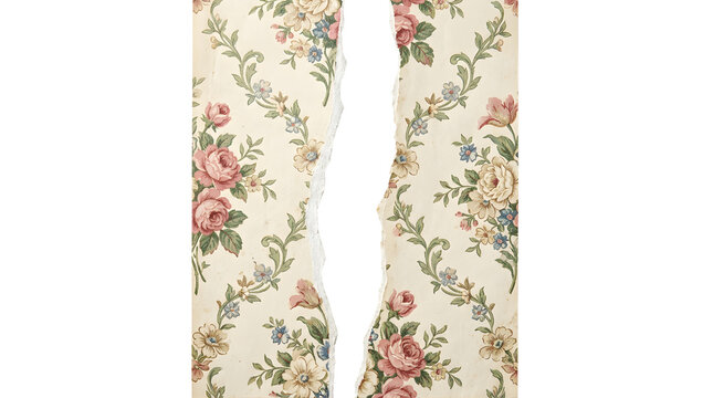 Vintage Floral Wallpaper Torn in Half on Transparent Background