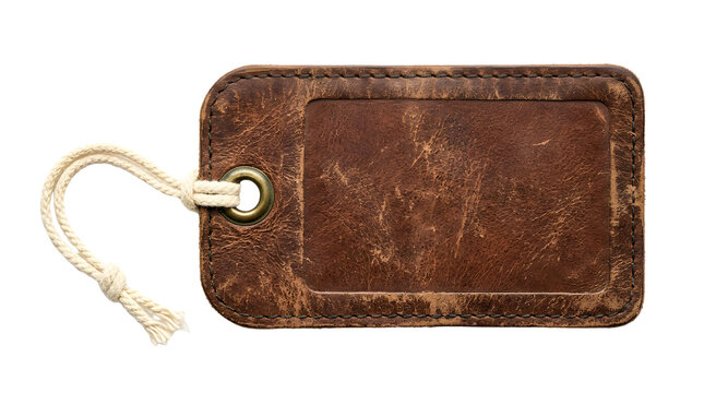 Vintage brown leather luggage tag on transparent background