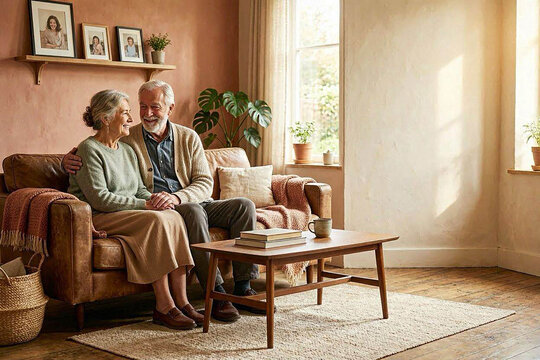 Happy Senior Couple Relaxing Together in Cozy Modern Living Room