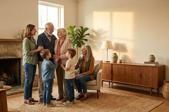 Happy Multi Generation Family Enjoying Warm Reunion Inside Modern Home