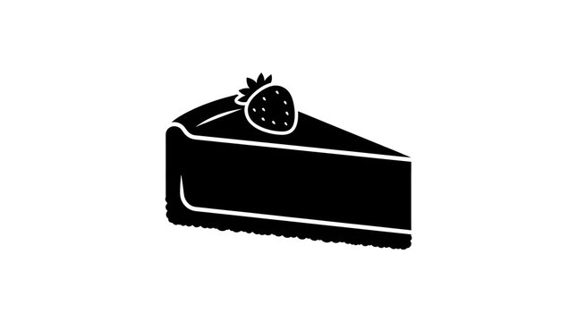 Black silhouette of a slice of cake or cheesecake topped with a strawberry. Minimalist vector icon for dessert menus and bakery branding.