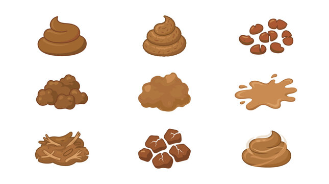 Caca vector poop animal dirt set. Flat graphic collection of brown feces shape, messy excrement splash, and stinky dung illustration.