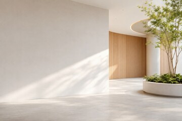 Fototapeta premium Empty white concrete wall mockup with beautiful dappled sunlight shadow and indoor plants in modern minimalist interior architecture