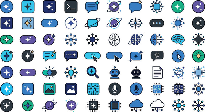 Large Vector Collection of Artificial Intelligence Icons Tech Sparkles and Cybernetic Neural Networks for Chatbot Systems Automation Software and Modern Website Interfaces