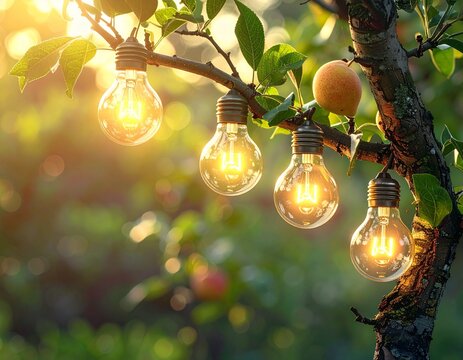 Tree Growing Glowing Light Bulbs as Symbols of Innovation