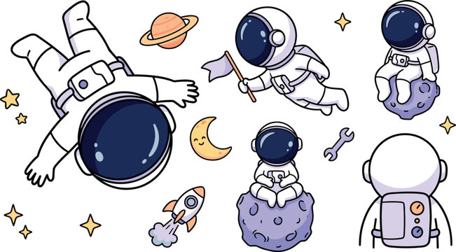 Cute cartoon astronaut in space icon set featuring cosmic characters floating holding flag sitting on moon with rocket planet stars vector illustration