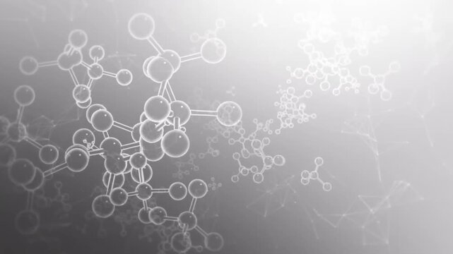 Abstract 3D molecular structures and plexuses rotating in a bright white scientific background