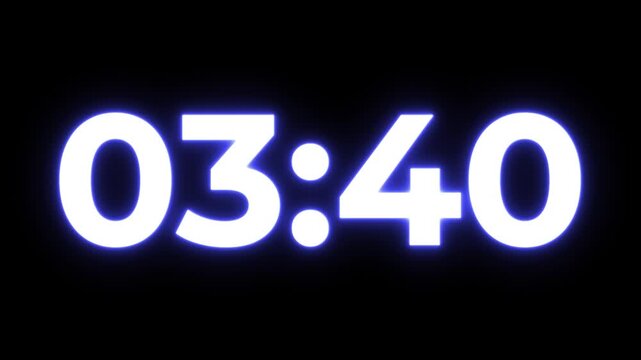neon 4 minute countdown animation from 240 seconds to 0 seconds on a transparent background, Neon two minute countdown timer with alpha channel