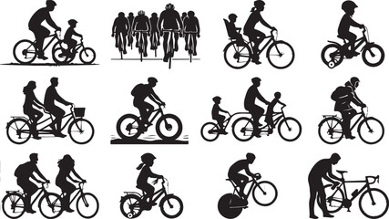 Naklejka premium Collection of black silhouettes showing people riding bicycles, including tandem bikes, children on training wheels, parents with kids in child seats, cyclists in groups, and bike maintenance