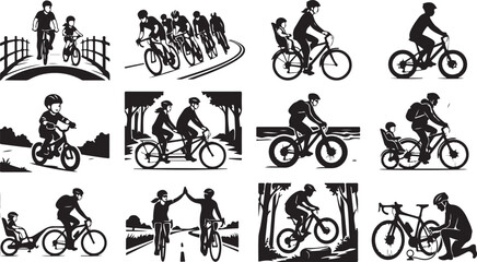 Naklejka premium Set of twelve black and white depicting cyclists, including a family on a bridge, tandem bike riders, a parent with a child in a seat, mountain bikers, and a cyclist repairing a tire