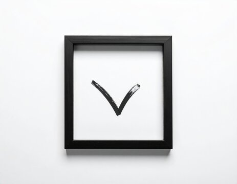 Square frame holds a bold black checkmark on white