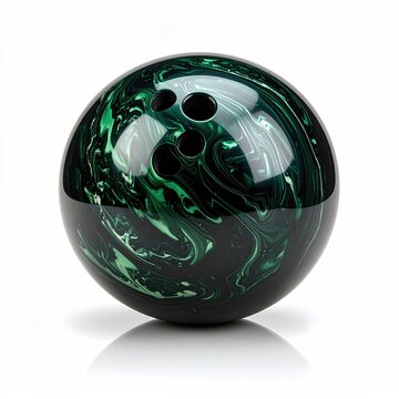 A glossy black bowling ball with swirling patterns of bright green