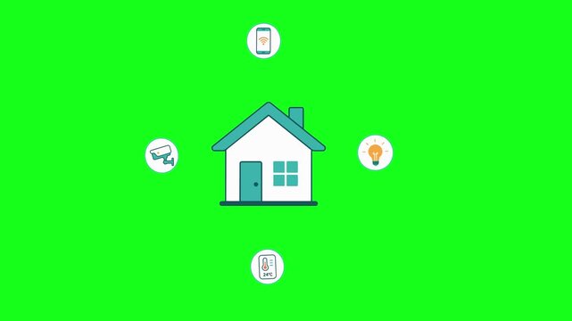 Smart home connected devices, CCTV, phone, AC, 2D vector icon