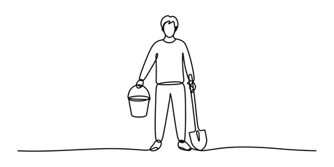 Continuous single line drawing of a man holding a garden bucket and a shovel for farming work or construction labor Vector, illustration © RK Drawing Gallery