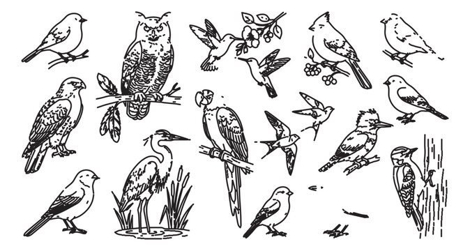 Vintage bird illustrations set, black and white hand drawn avian sketches, 15 bird species vector graphics for nature field guides and branding