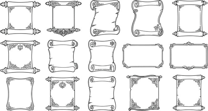 Set of vintage scrolls and parchment paper frames, handdrawn decorative borders for certificates, diplomas, and invitations, isolated on white background transparent background