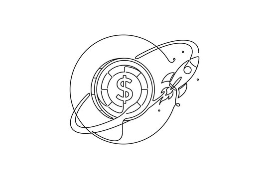 A continuous line drawing of a rocket orbiting a dollar coin.
