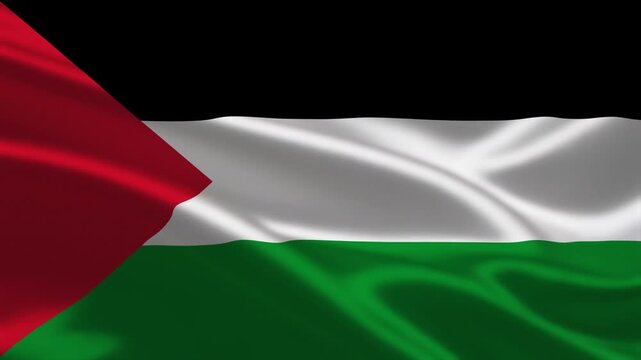 3D animation of the waving flag of Palestine featuring a smooth satin texture with black white and green horizontal stripes and a red triangle on the left side
