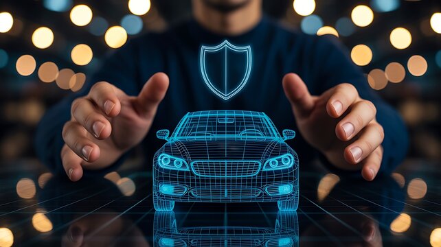 Digital car security protection concept with cyber shield and smart vehicle technology