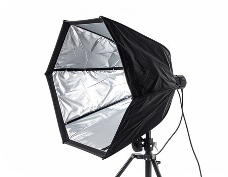 Black hexagonal studio softbox with silver interior on tripod
