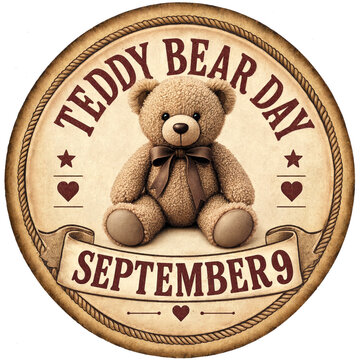Cute teddy bear sitting inside a vintage circular frame for teddy bear day celebration event