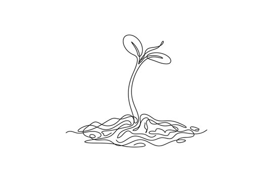 Single continuous line drawing of a small green sprout growing from soil.