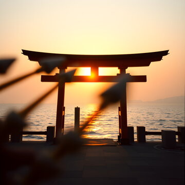 Traditional red torii gate by the sea at sunrise, brutalist concrete and shadow