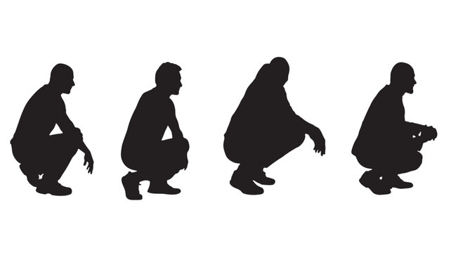 Set of four male silhouettes crouching and squatting on the ground isolated on white background