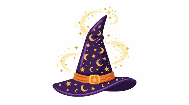 Halloween witch hat with stars, moon and magic sparkles, flat vector illustration, isolated on white background.
