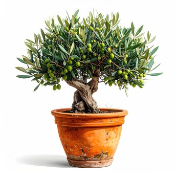 Miniature olive tree, laden with green fruit, in weathered terra cotta pot
