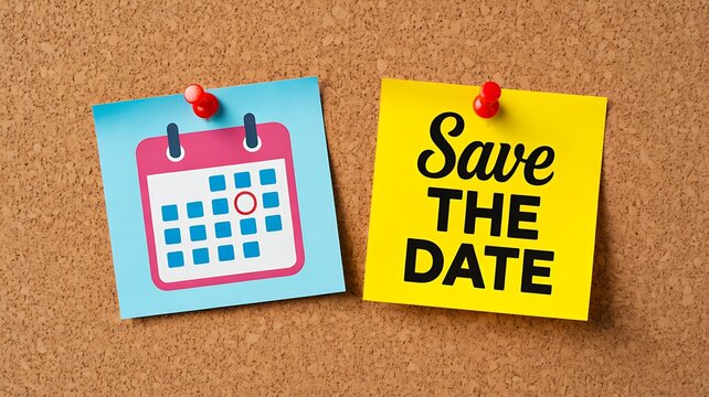Colorful save the date card with calendar reminder on cork board for event planning
