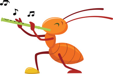 Cute cartoon ant character playing green flute with musical notes, happy insect musician vector illustration design