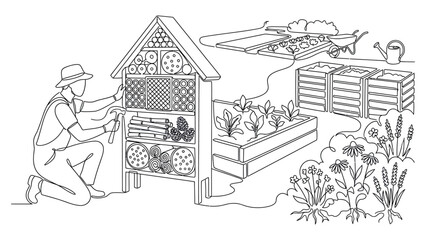 Naklejka premium A gardener tending to a wooden insect hotel in a home garden
