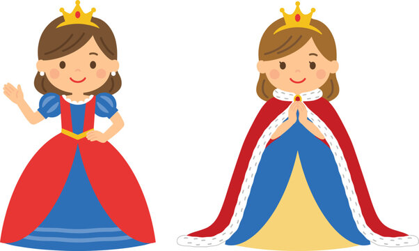 Cute cartoon princess and queen character set wearing royal crown and elegant dress vector illustration