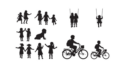 Fototapeta premium Group of children silhouettes showing various activities including biking playing with friends and jumping around.