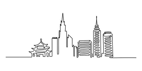 Fototapeta premium Continuous single line drawing of modern city skyline with tall skyscrapers and traditional asian temple building Vector, illustration