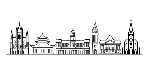 Obraz premium Black and white line art illustration of famous global city landmarks and historic building architecture silhouettes Vector, illustration