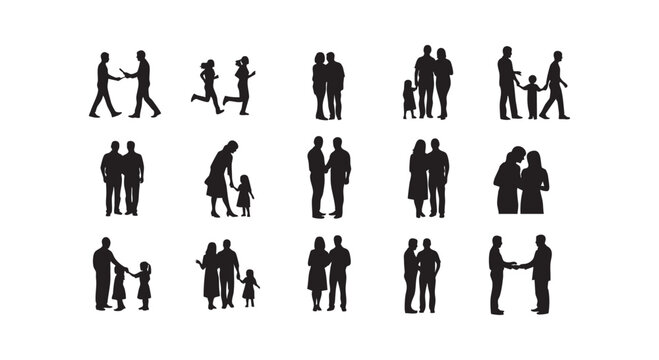 Group of human silhouettes showing people interacting with children couples and colleagues in diverse social settings.