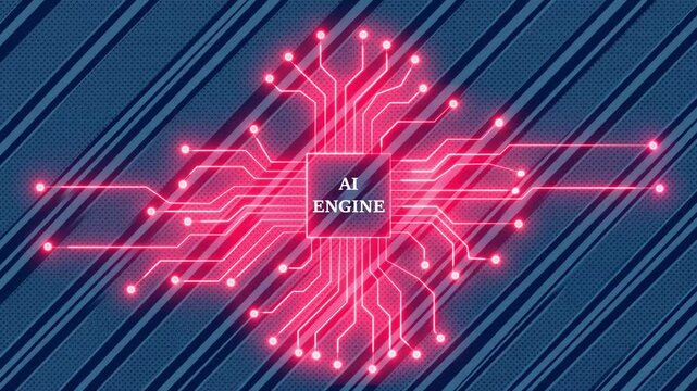 Digital AI engine on circuit board glowing bright neon pink pulsing effect, futuristic technology concept.