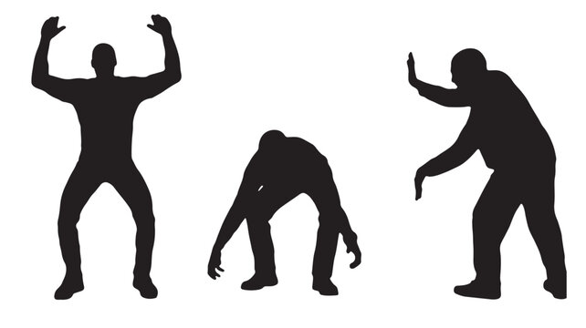 Three black silhouettes of men in various dynamic poses including raising arms and bending over on white background