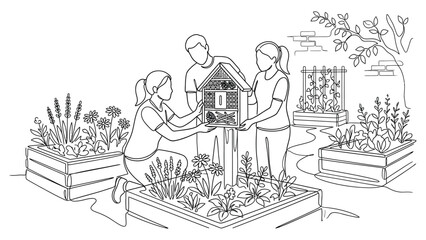 Obraz premium Group of people installing an insect hotel in a community garden