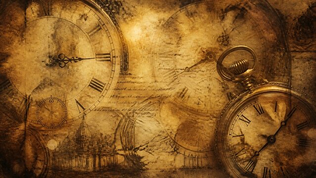 Vintage antique pocket watch on a textured grunge background with old clock faces and historical manuscripts