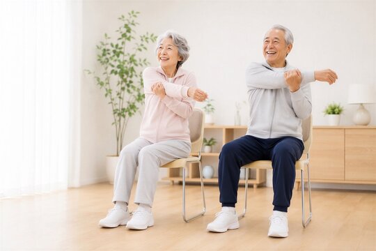 椅子に座って上半身のストレッチをする笑顔の日本人シニア夫婦
