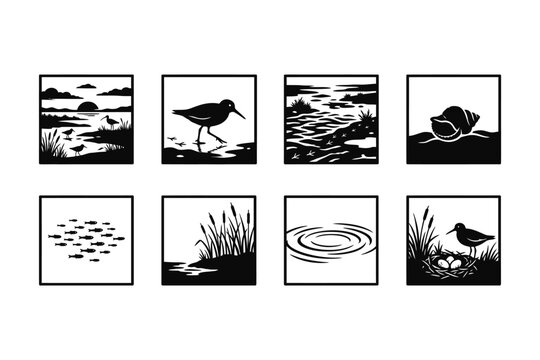 Set of eight black and white nature themed icons featuring birds and aquatic life.